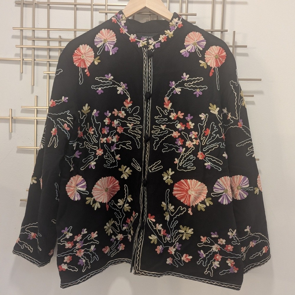 Jacket Blazer Black Embroidered Floral Wool Blend Sz L Art to Wear Colorful  EUC